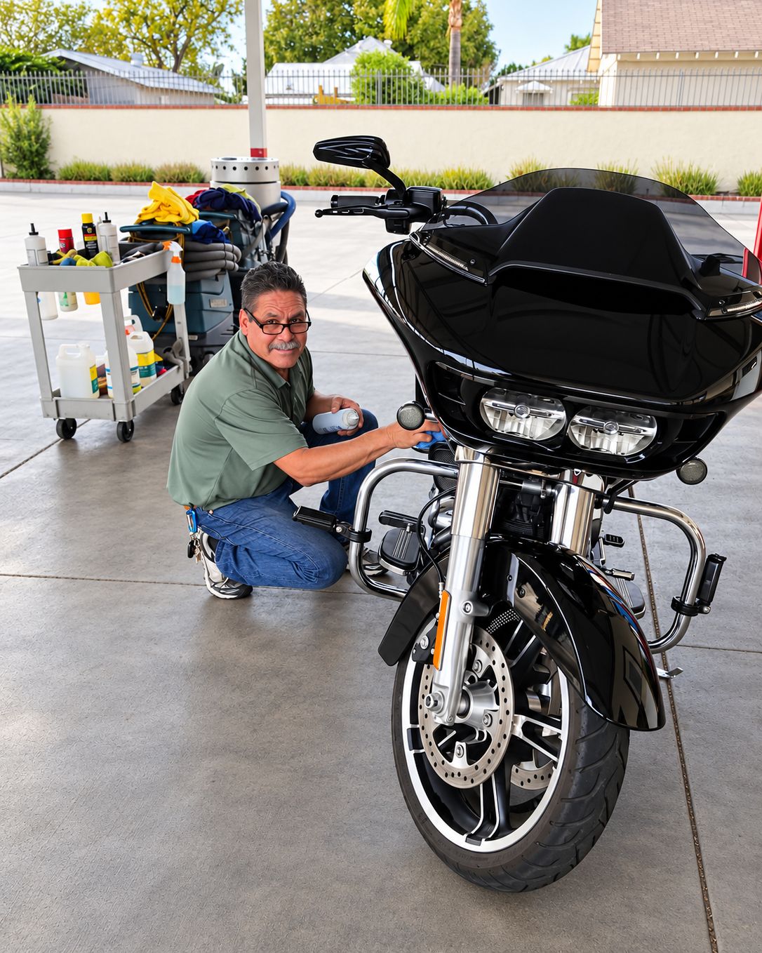 A smiling detailer in glasses kneels beside a glossy black touring motorcycle, wiping down the front end, with a cart of detailing products and towels behind him