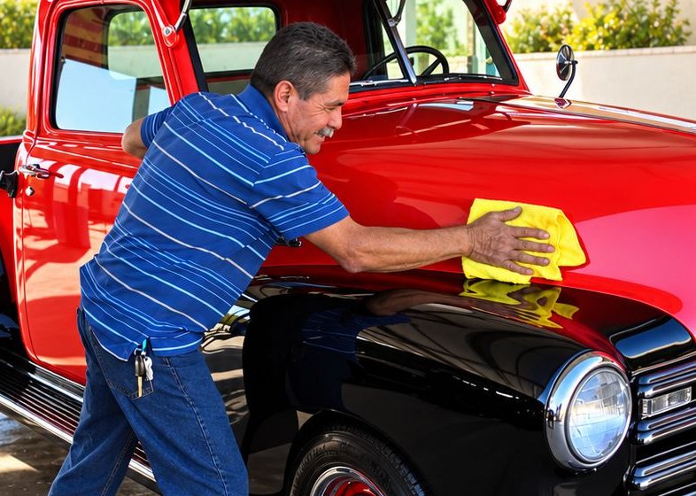 A detailer in a striped shirt reaches across the red hood of a classic pickup, polishing it with a yellow microfiber towel