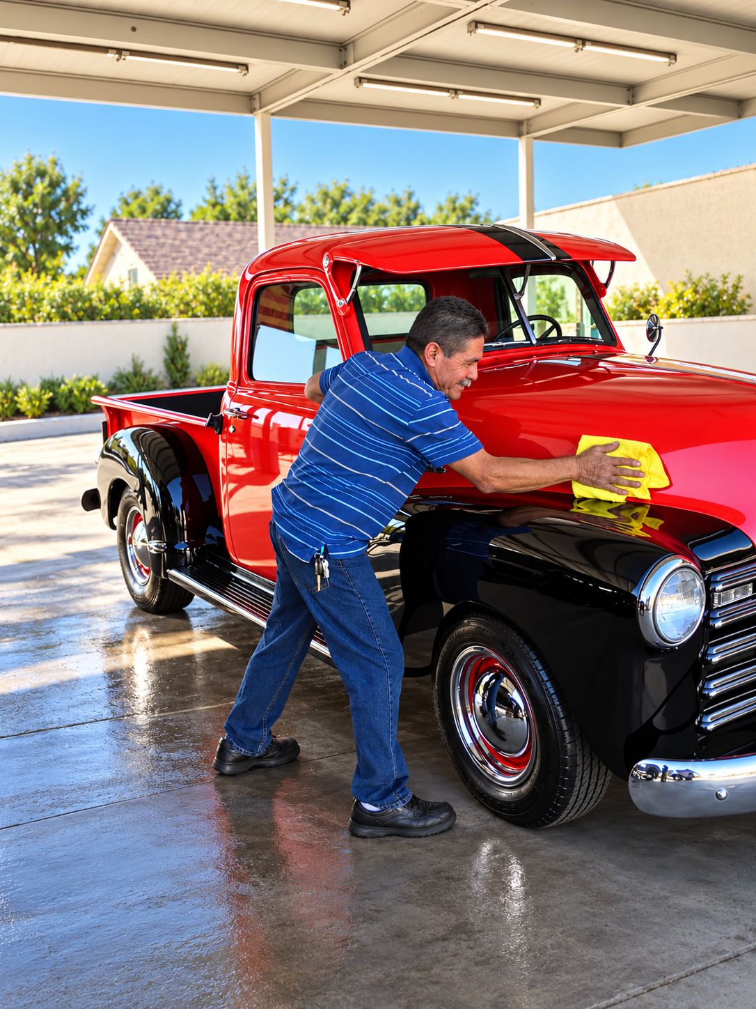 A detailer leans over the front fender of a glossy red and black classic pickup, polishing the hood by hand with a yellow microfiber towel under a shade canopy